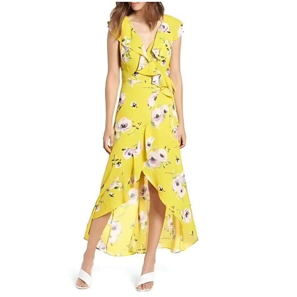 EUC Leith Yellow Purple Floral Ruffle Wrap Maxi High-Low Dress